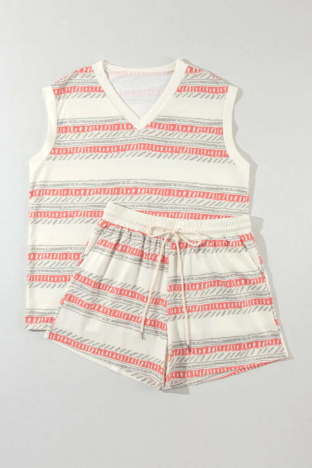 Beige Western Striped Print Casual Tank 2pcs Outfit