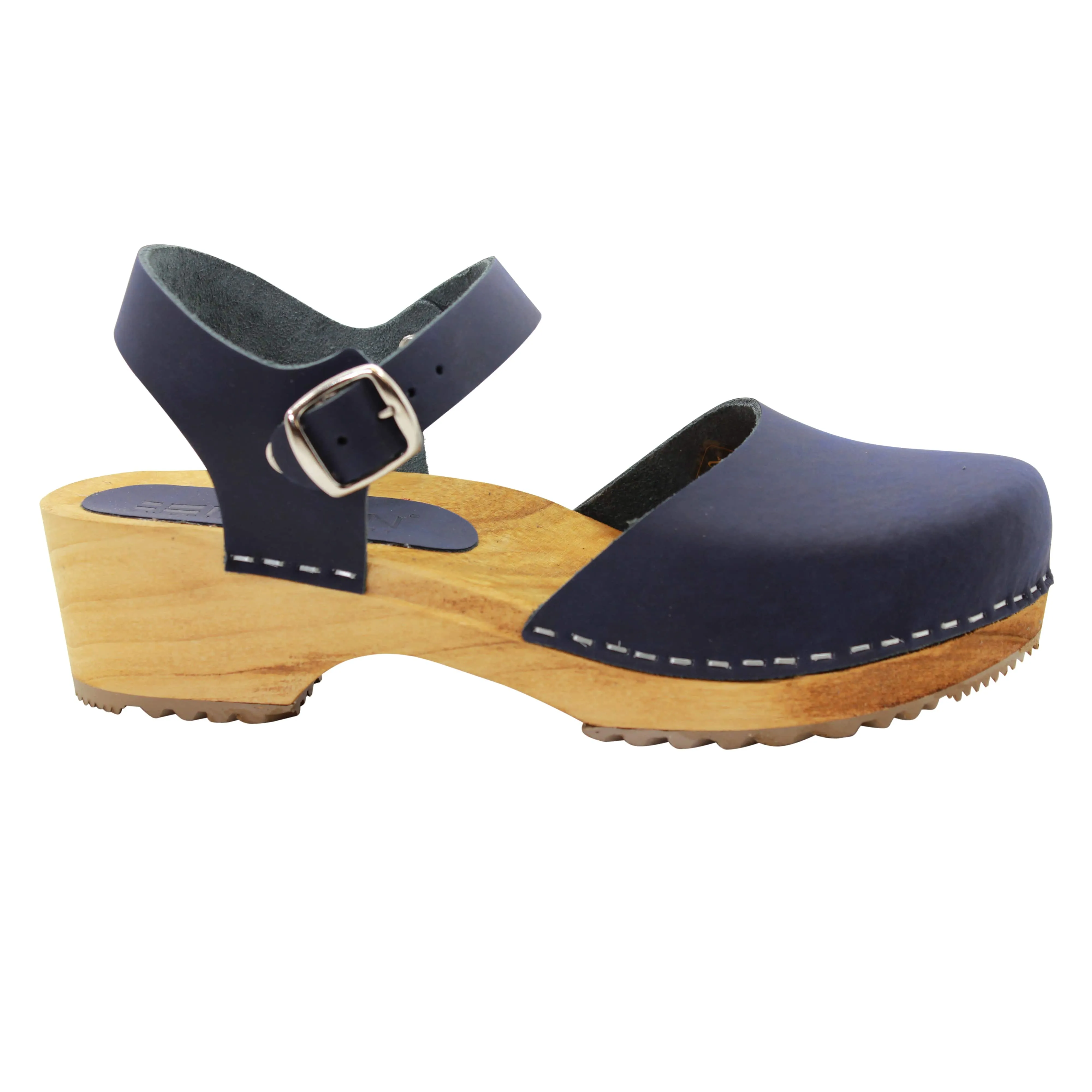 BJORK ALMA Swedish Wood Clog Navy Leather Sandals