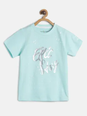 Boys Sky Blue Regular Fit Printed Casual T-Shirt