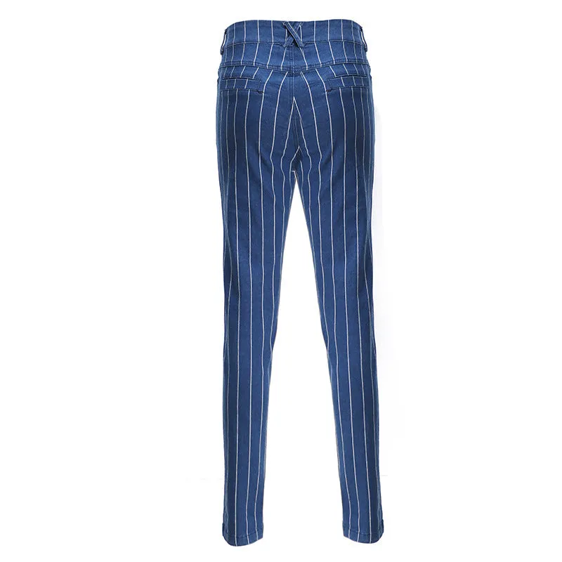 Casual Slimming Cuffed High Waisted Vertical Striped Skinny Jeans