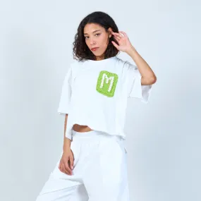 Casual t-shirt with crochet letter "M" patch pocket wholesale