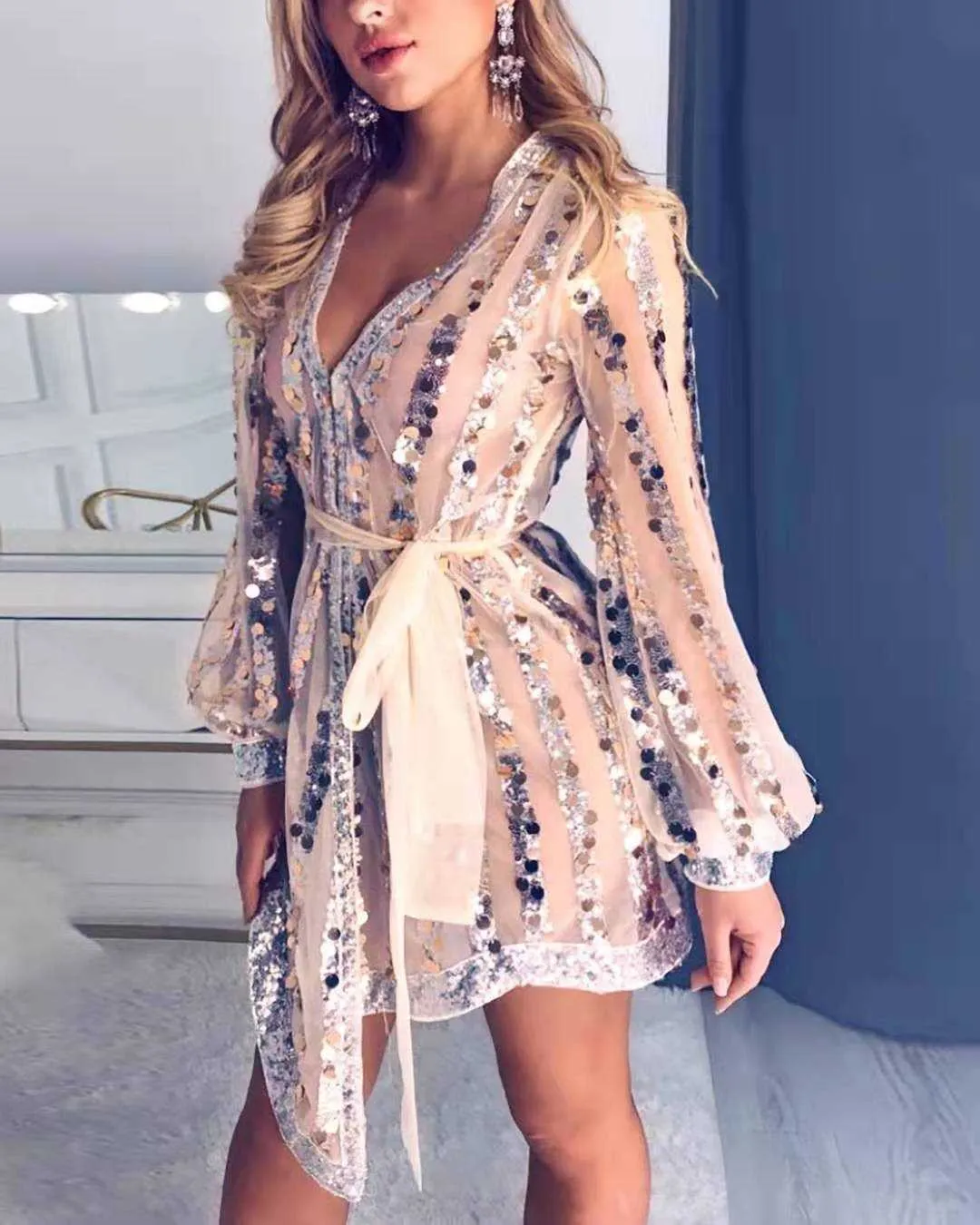 Casual Tassel Embellished Long Sleeve Sequin Tulle Dress