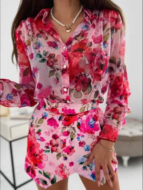 Completo Donna Camicia Bottoni Pantagonna Fantasia Fiori Casual Elegante