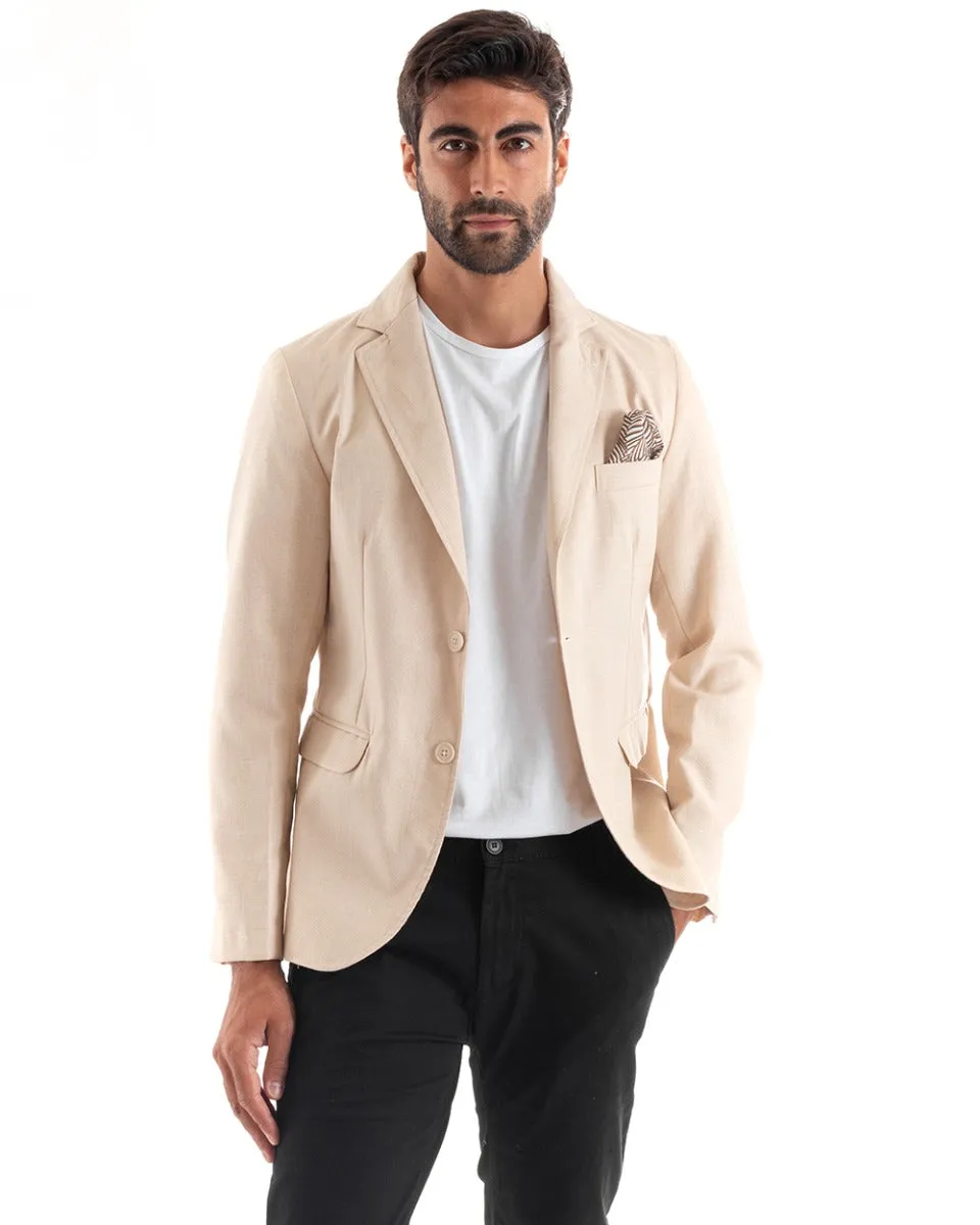 Giacca Uomo Lino Monopetto Melangiata Beige Cerimonia Elegante Casual GIOSAL-G2856A