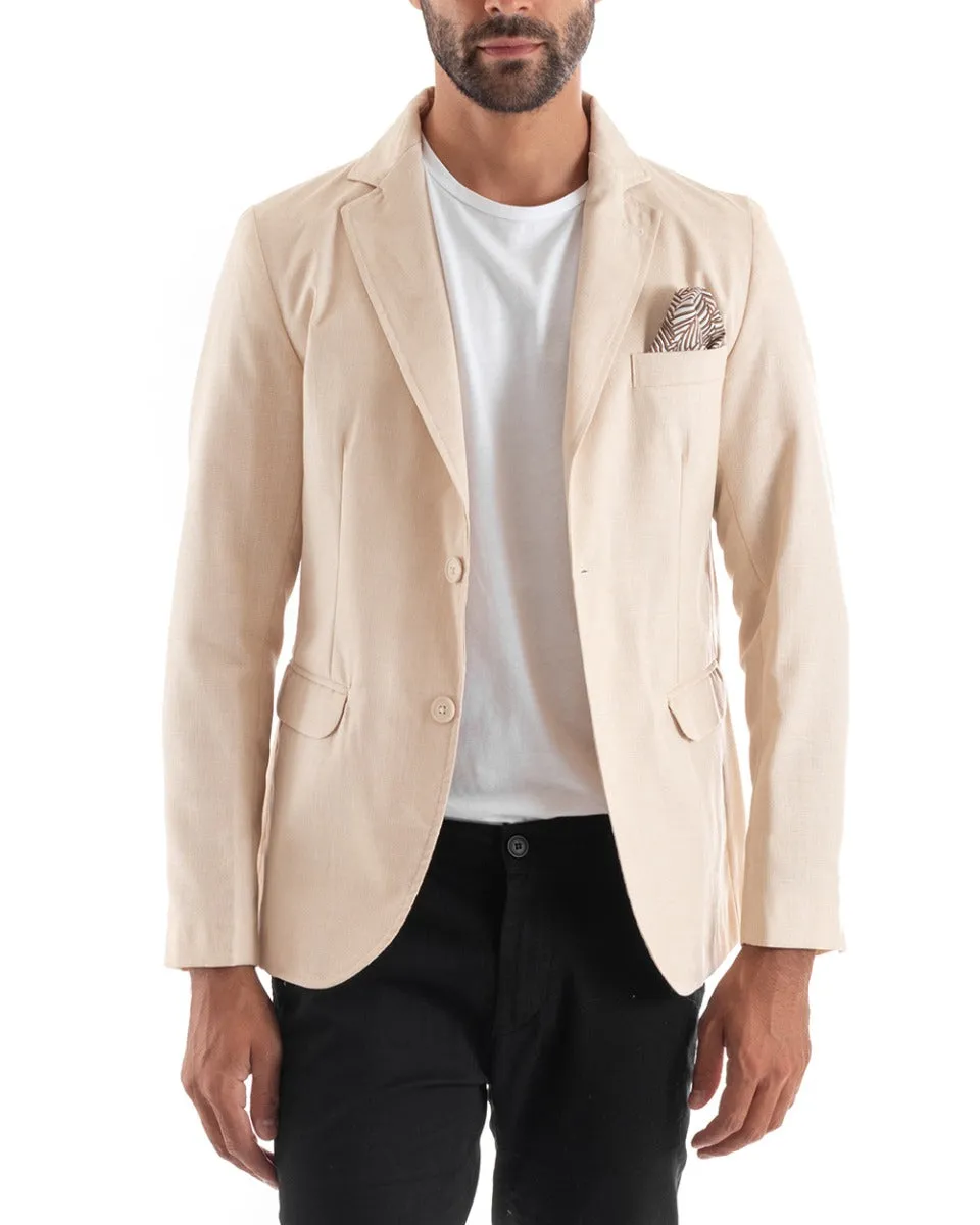 Giacca Uomo Lino Monopetto Melangiata Beige Cerimonia Elegante Casual GIOSAL-G2856A