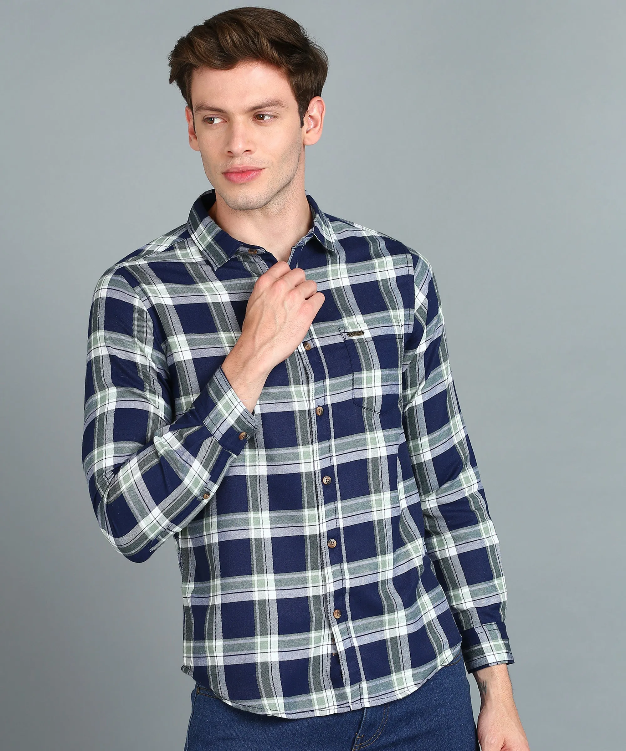 Men's Blue Cotton Full Sleeve Slim Fit Casual Checkered Shirt