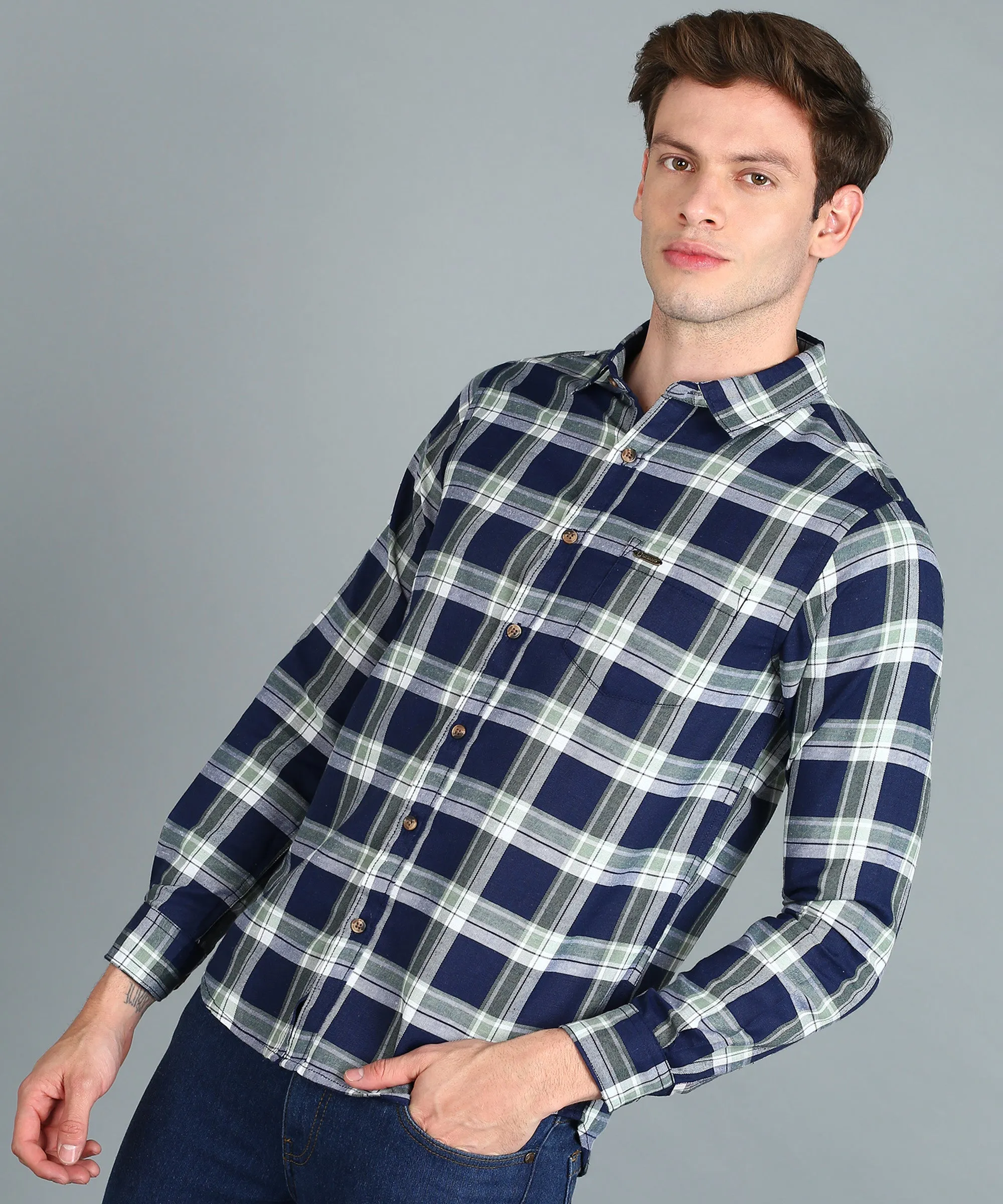 Men's Blue Cotton Full Sleeve Slim Fit Casual Checkered Shirt