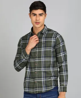 Men's Green Cotton Full Sleeve Slim Fit Casual Checkered Shirt