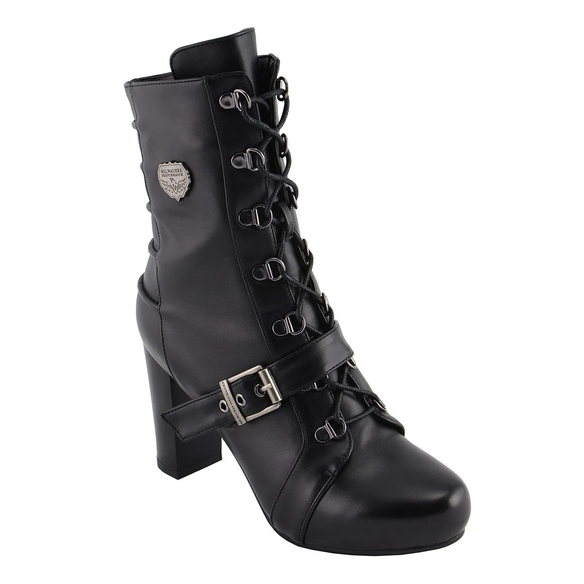 Milwaukee Leather MBL9431 Women's Black Lace-Up Fashion Boots with Block Heel and Buckle Strap