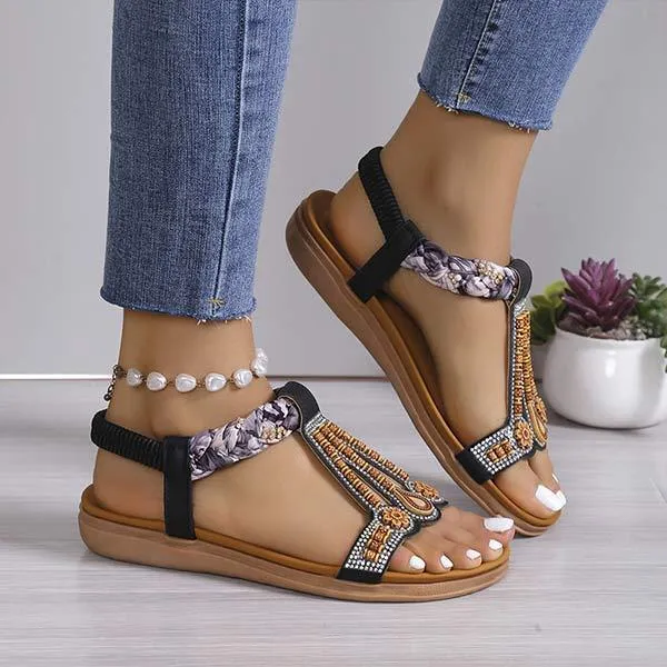 Women's Bohemian Flat Elastic Strap Roman Sandals 32323424C