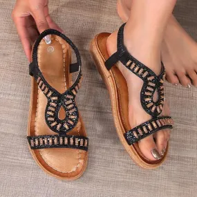 Women's Casual Beaded Round Toe Flat Sandals 83146633C