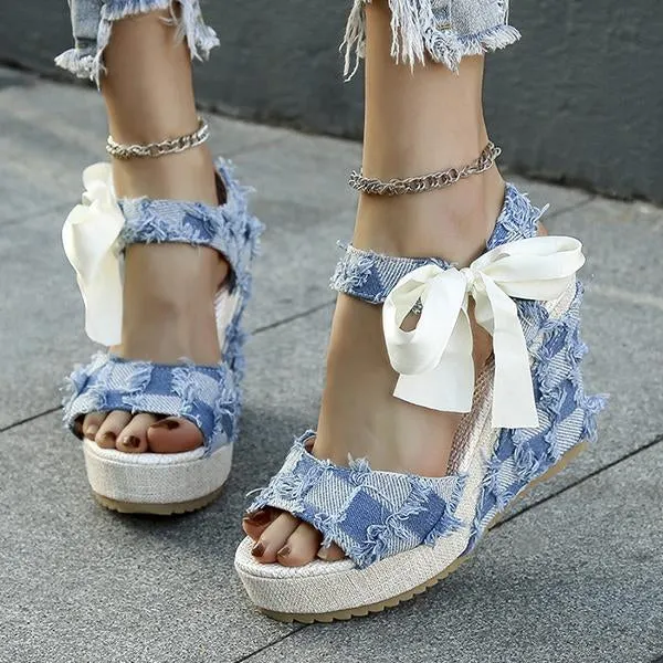 Women's Casual Denim Ribbon Wedge Sandals 50096583S