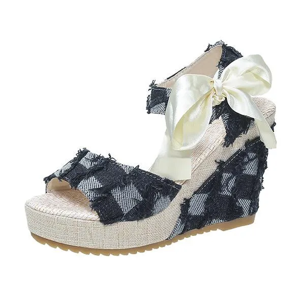 Women's Casual Denim Ribbon Wedge Sandals 50096583S